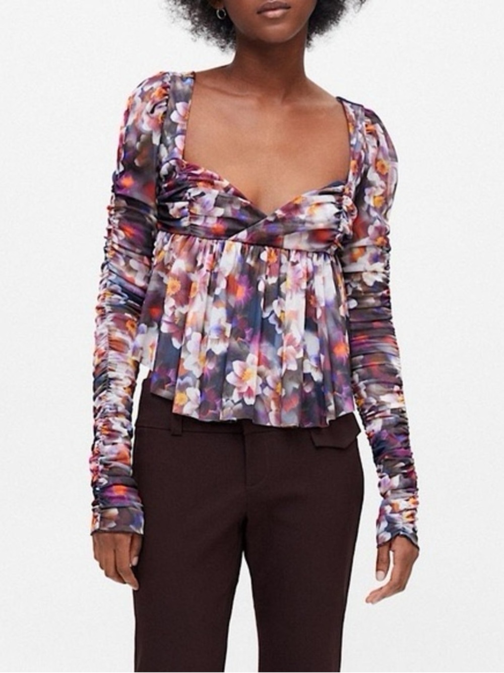 Urban Outfitters Purple Floral Mesh Peplum Ruched Long-Sleeve Top